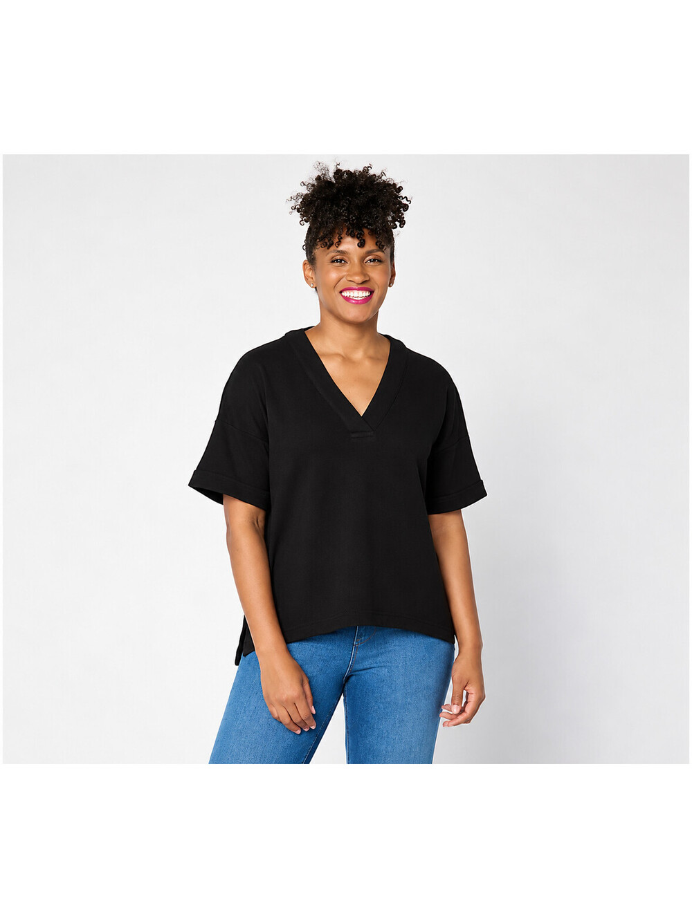 Susan Graver Regular Cotton Gauze Drop Shoulder Pullover Top Black, Size Medium